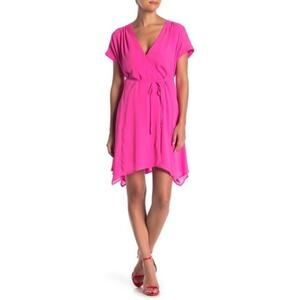 One One Six Hot Pink Dress Short Sleeve Wrap Mini Dress Chiffon Sundress Medium